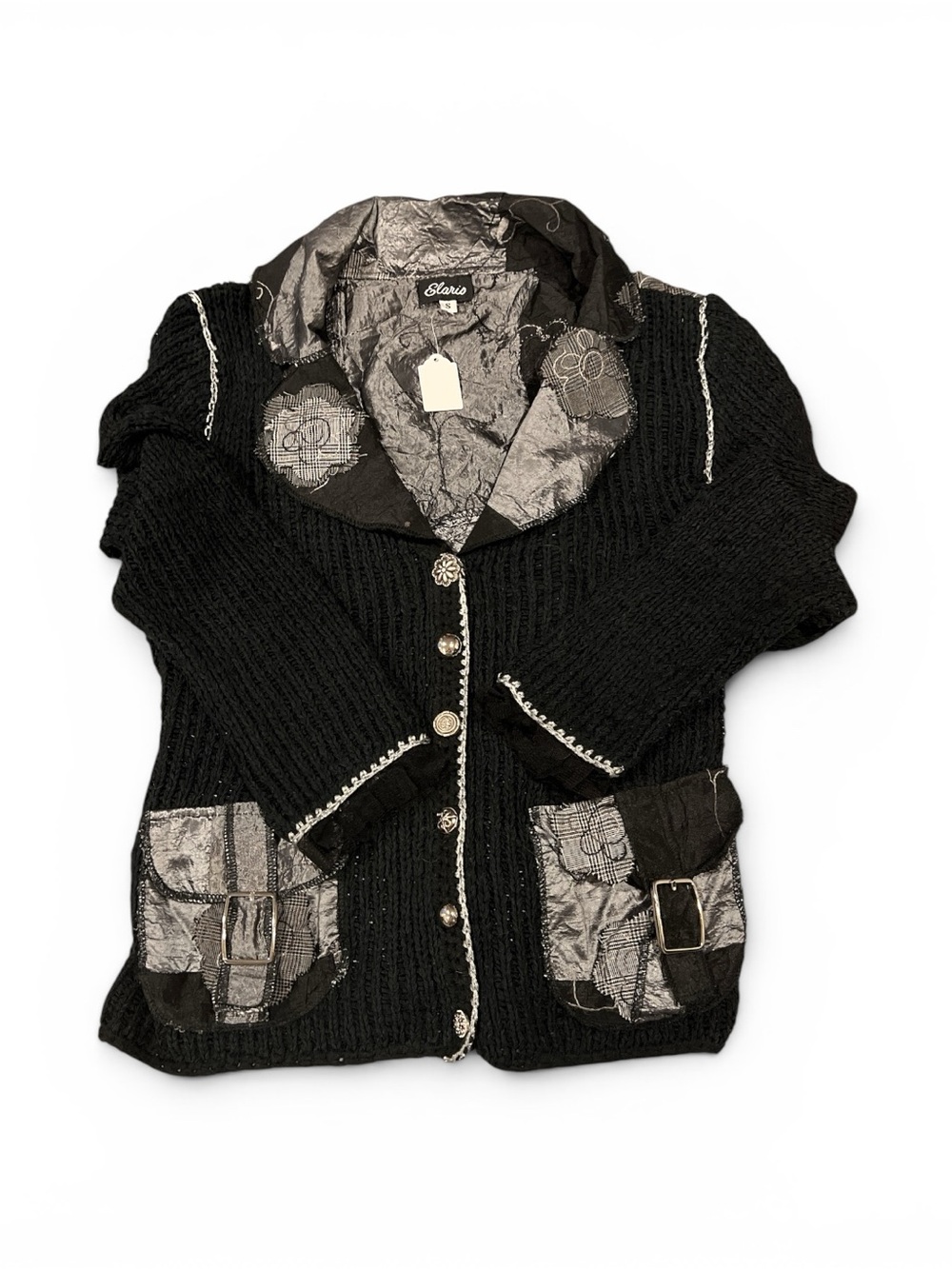 Black Knit Cardigan Sweater with Metallic Trim S